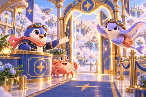 The penguin checks a boarding pass; the ray opens a sky gate and the ordinary crab waits beside it.