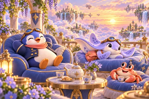 The penguin, ray and ordinary crab rest together in a quiet cloud garden.