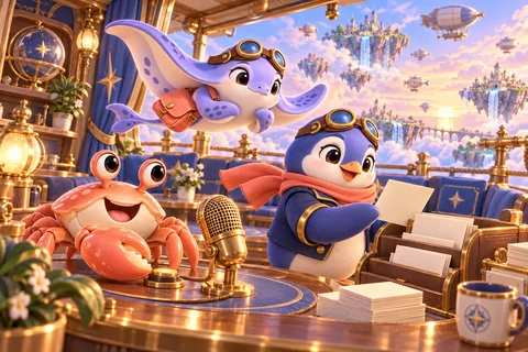 An ordinary crab listens at the help radio while the penguin files a message and the flying ray listens nearby.