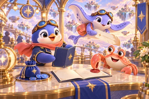 The penguin prepares a blank passport and fictional token pouch as the ray and ordinary crab help welcome a new visitor.