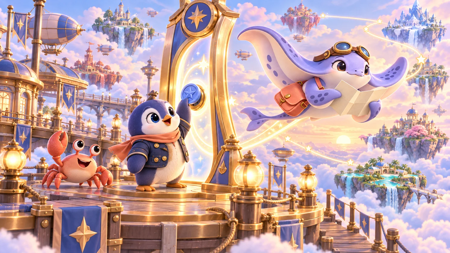 A penguin activates a glowing sky-route gateway with a fictional play token; an ordinary coral crab waves as the lavender manta ray flies toward floating islands.